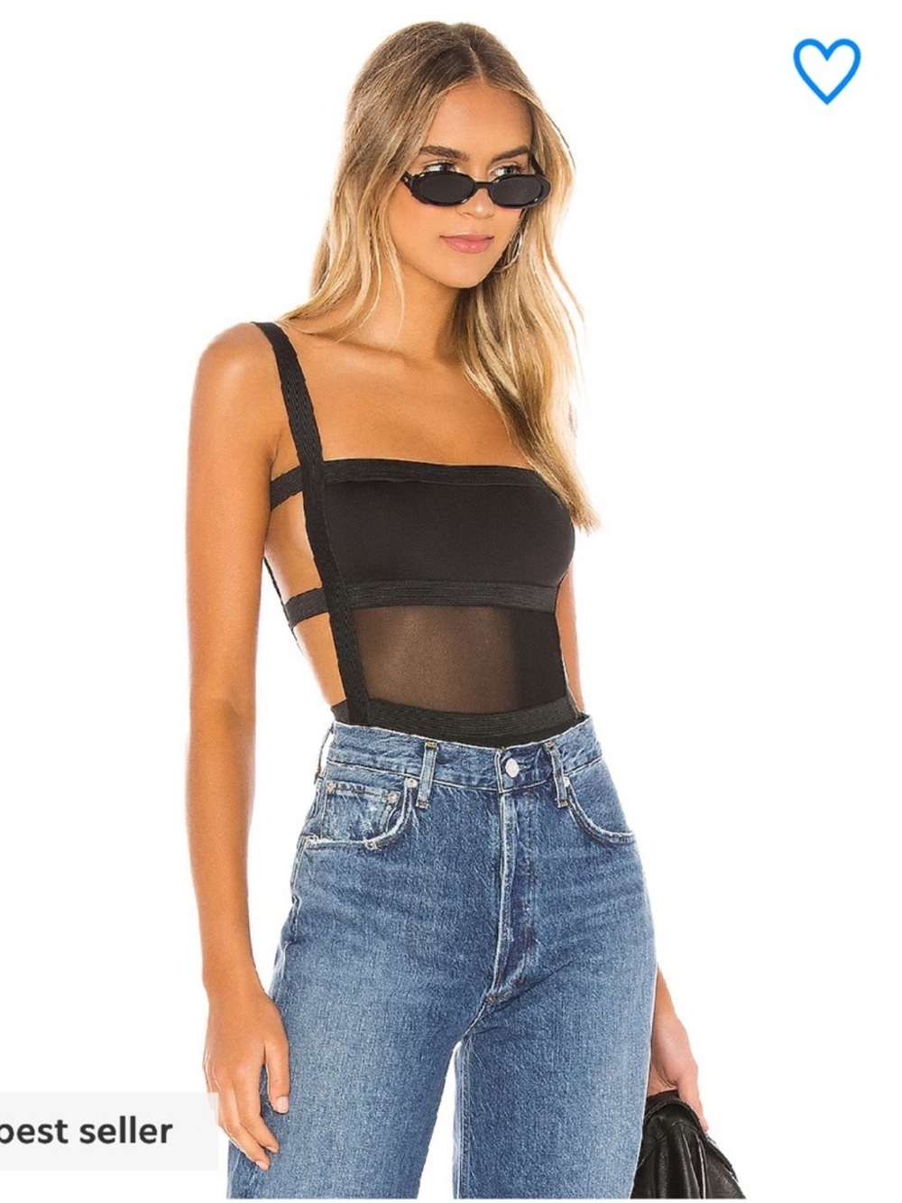 superdown Camille Black Mesh Panel Square-Neck Bodysuit
